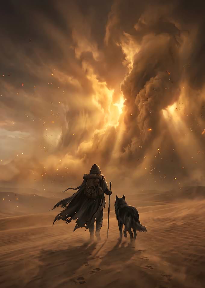 Wanderer and Wolf in Desert Storm