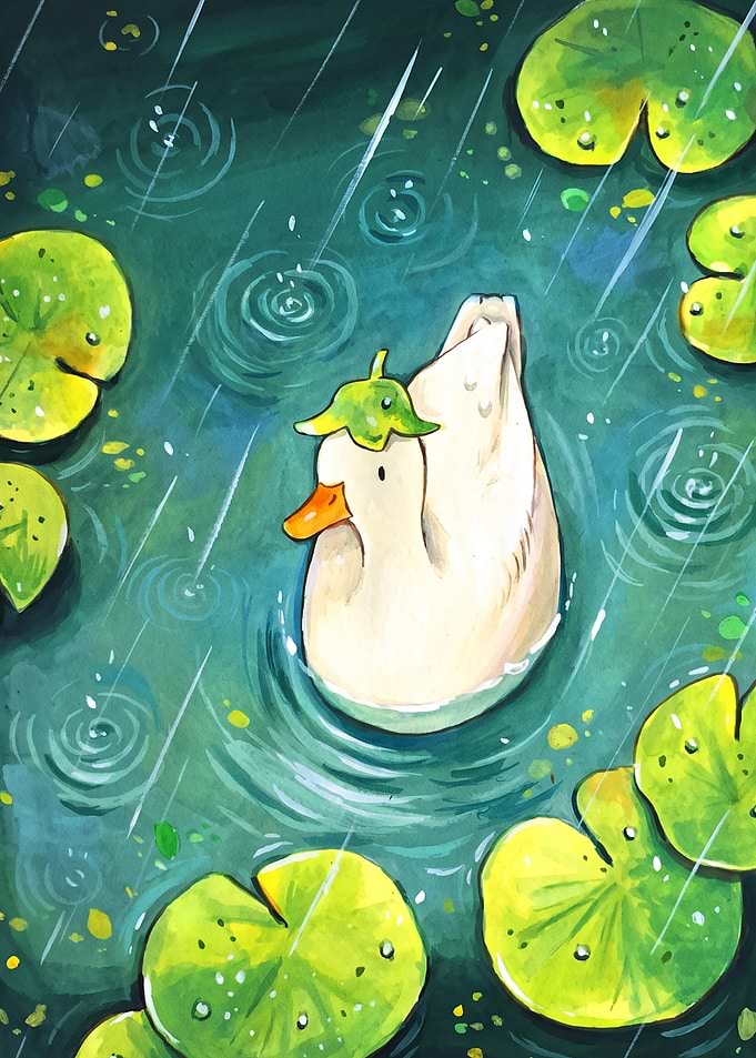 Cute Duck Wearing Leaf Hat