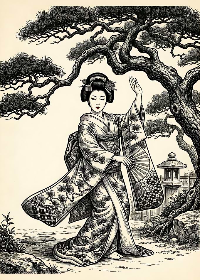 Geisha Under Pine Tree Woodblock Print