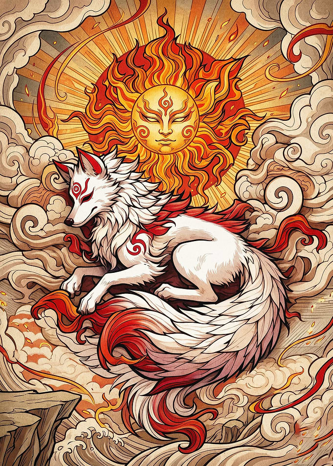 Celestial Fox Sun Japanese Art Post