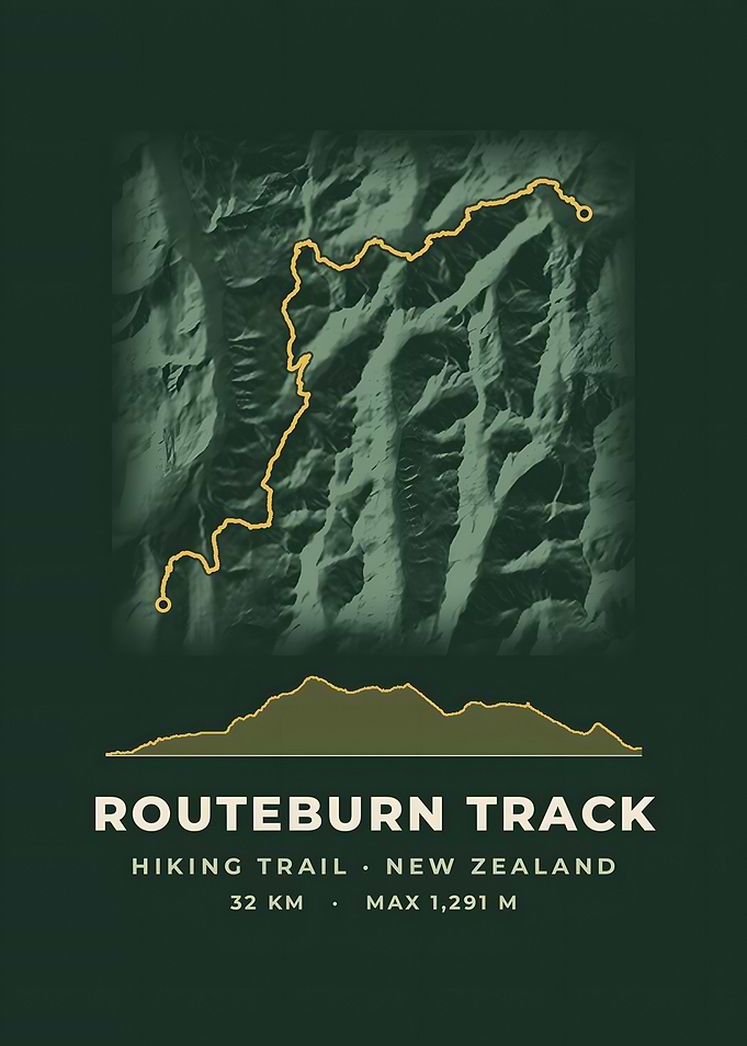 Routeburn Track Hiking Trail Map Forest Green Print