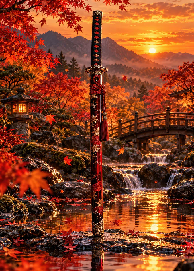 Katana Sword in Autumn Japanese Garden