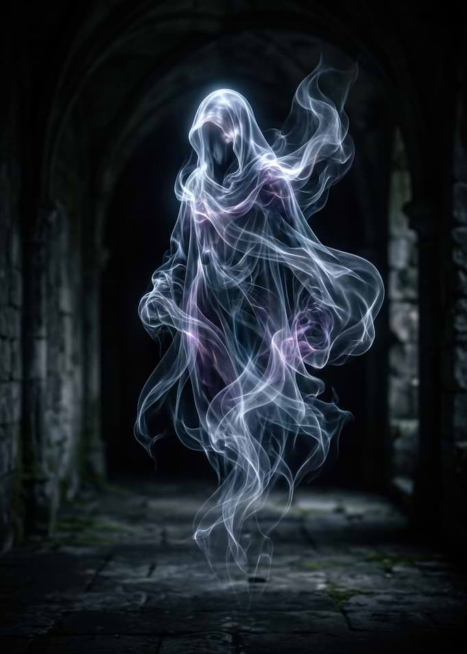 Ethereal Ghostly Figure in Dark Hallway