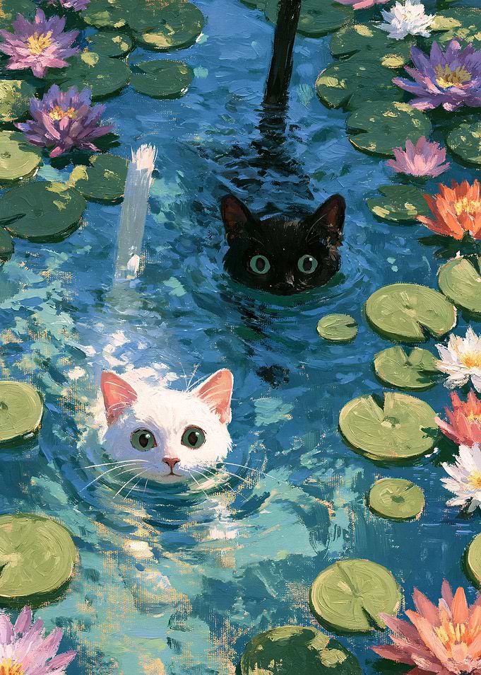 Black and White Cats in Pond