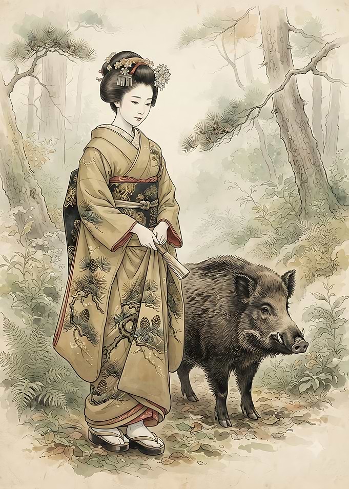 Geisha with Wild Boar in Forest