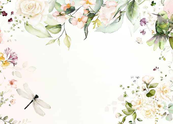Watercolor Garden Frame with Hummingbird and Dragonfly