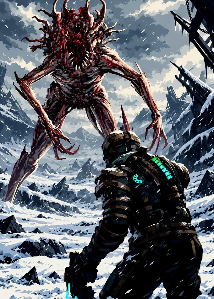 Isaac Clarke Facing Necromorph on Tau Volantis