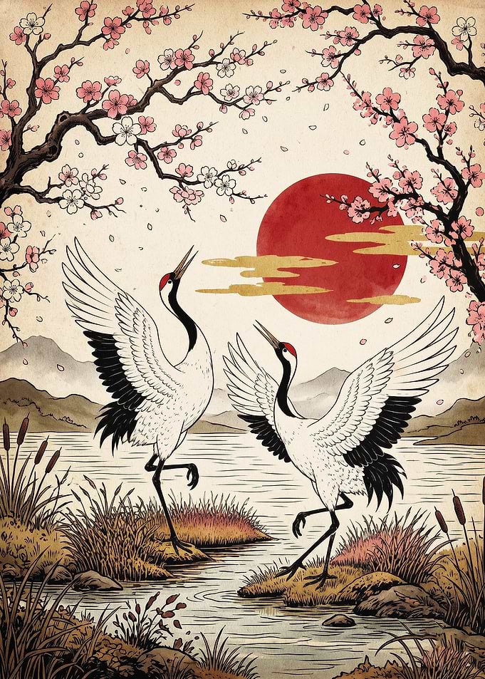Japanese Cranes Cherry Blossom Art