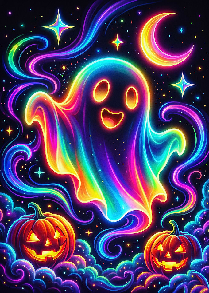 Neon Ghost Pumpkin Glow Art Poster