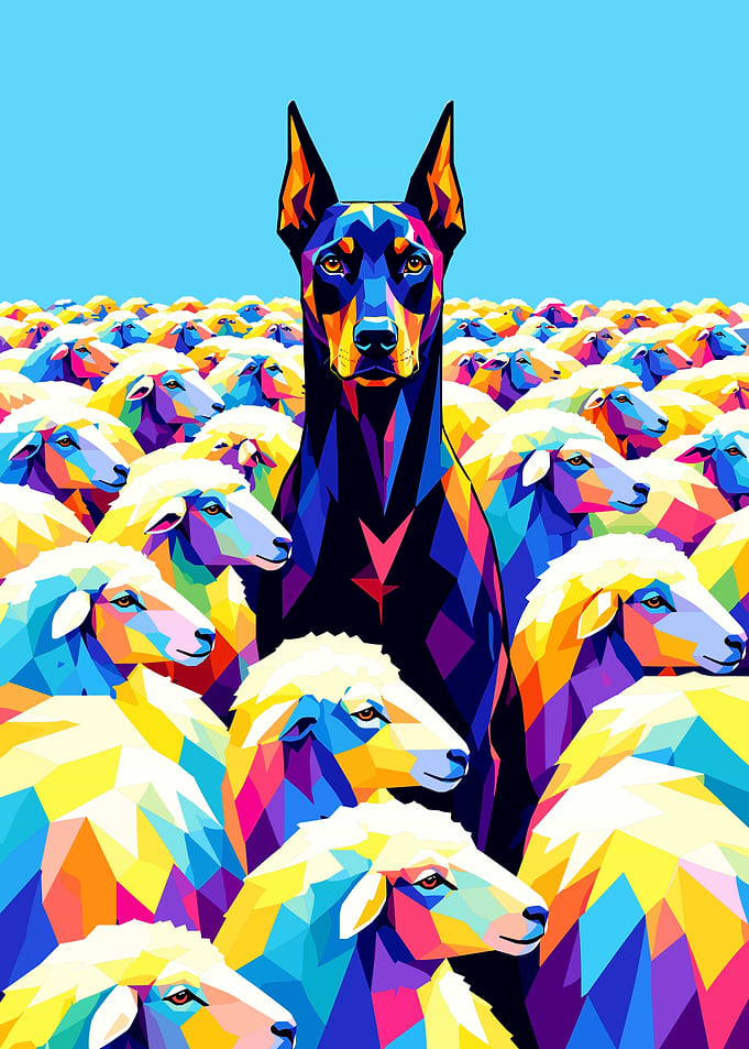 Colorful Doberman Among Sheep Pop Art