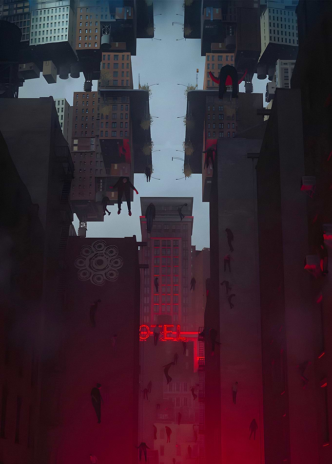 Surreal Inverted Cityscape with Floating Figures