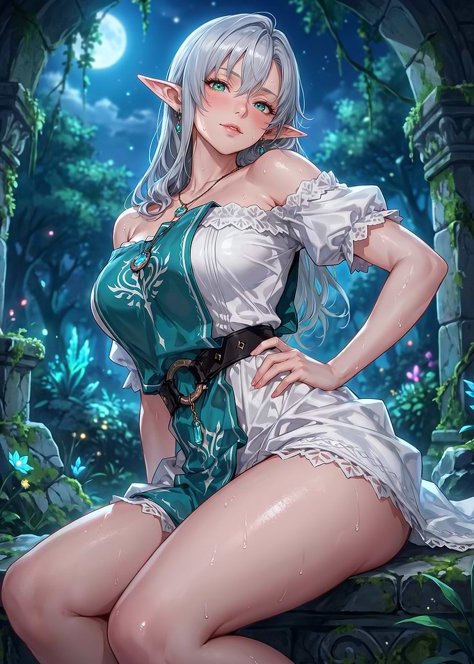 Beautiful Elf Maiden in Moonlight Forest