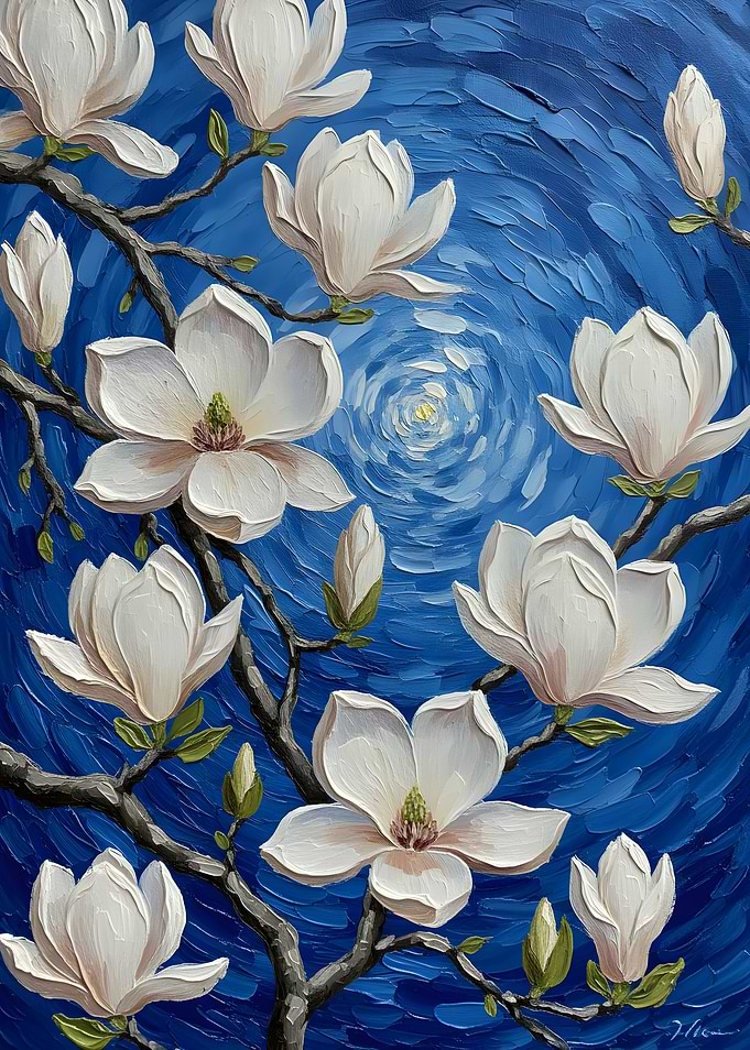 White Magnolia Flowers Oil Painting