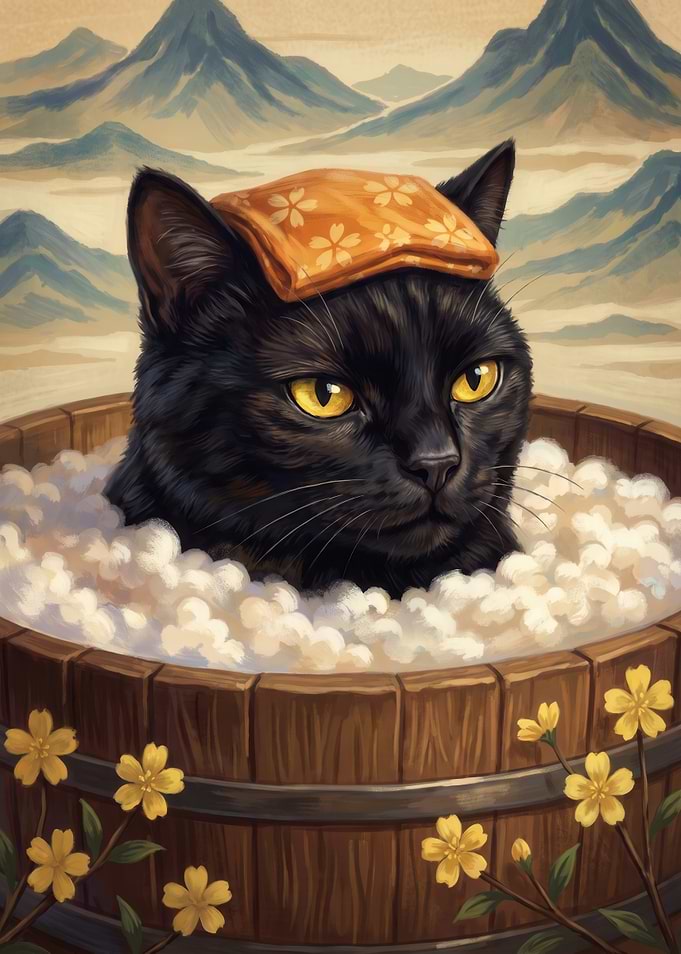 Black Cat Relaxing in Onsen