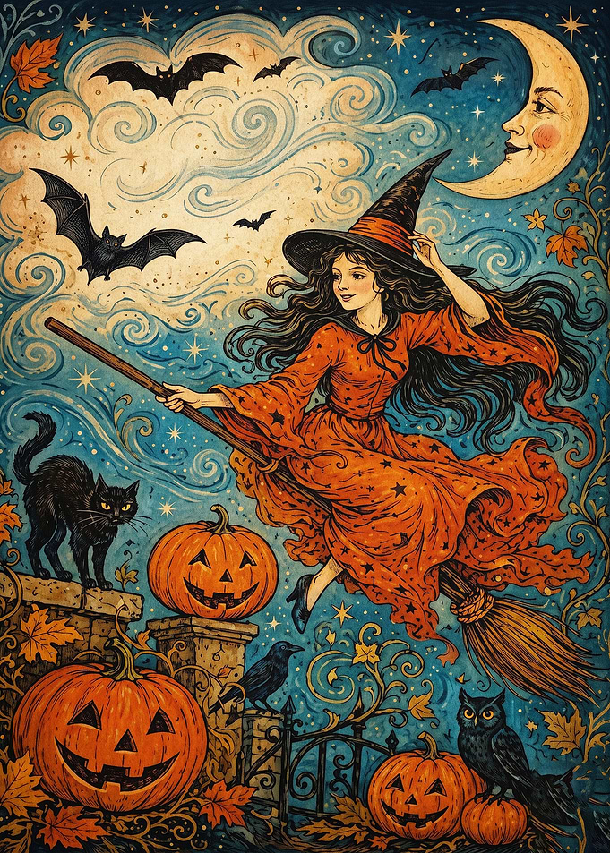 Witch Flying Moon Vintage Art