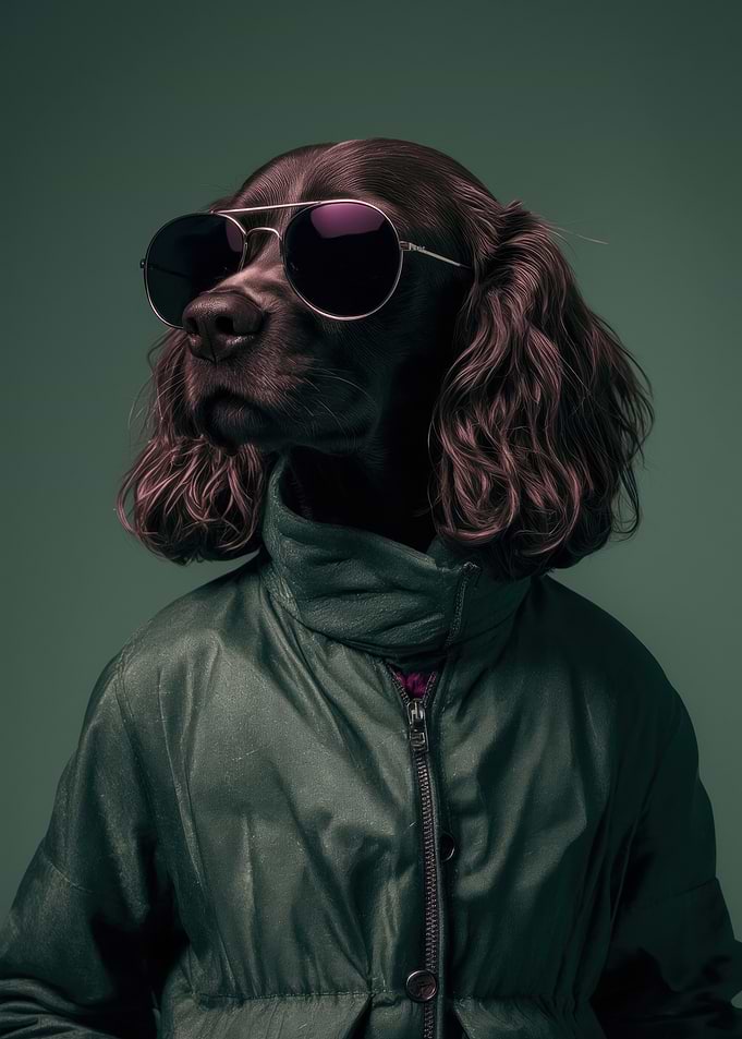 Stylish Spaniel Wearing Sunglasses and Green Jacket