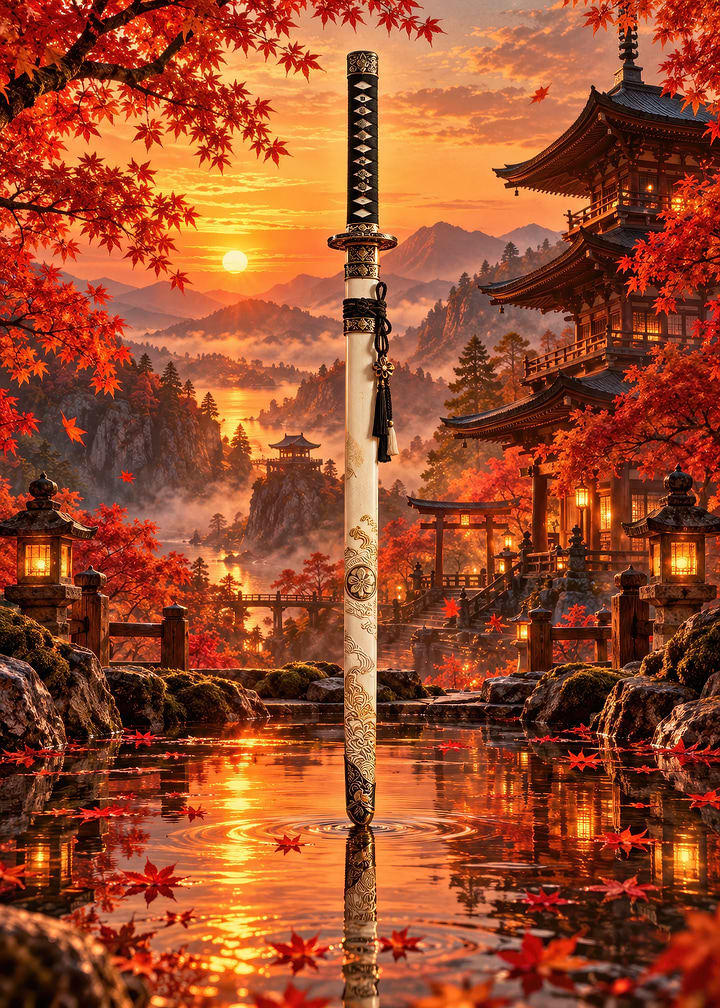 Katana Sword in Autumn Japanese Garden