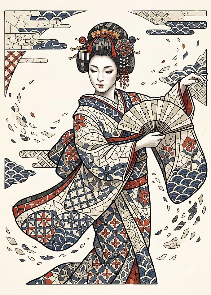 Mosaic Style Geisha with Fan