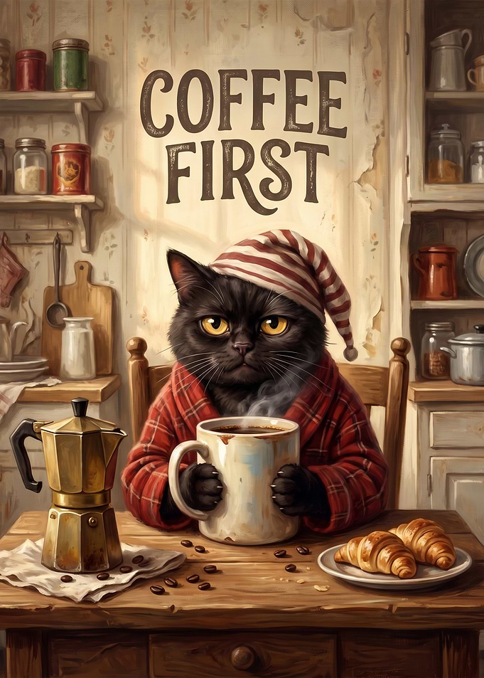 Coffee First Black Cat Illustration