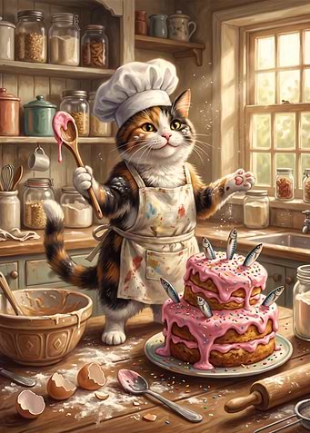 Cute Cat Chef Baking Fish Cake