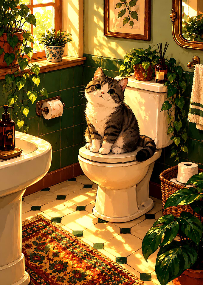 Cute Cat Sitting on Toilet