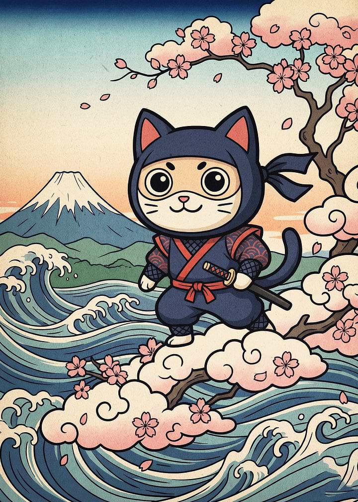 Ninja Cat Japanese Ukiyo-e Poster