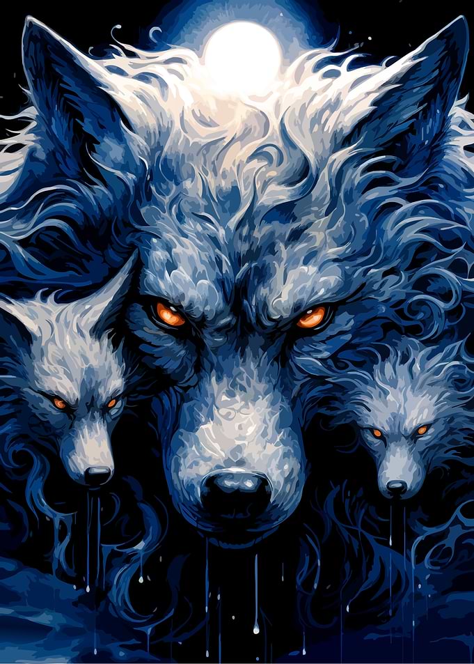 Three-Headed Wolf Under Full Moon
