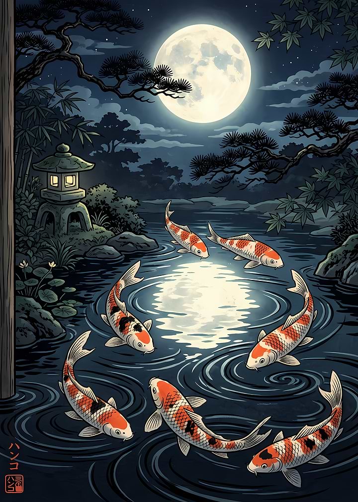 Koi Fish Swimming Under Full Moon