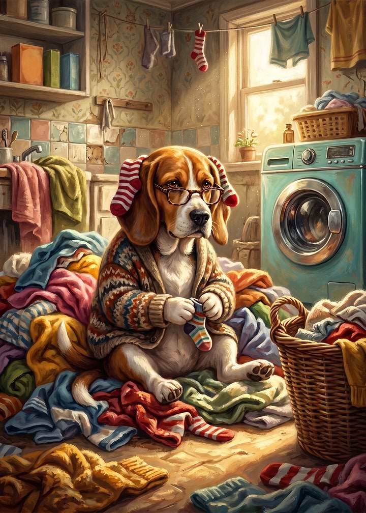 Beagle Dog Doing Laundry