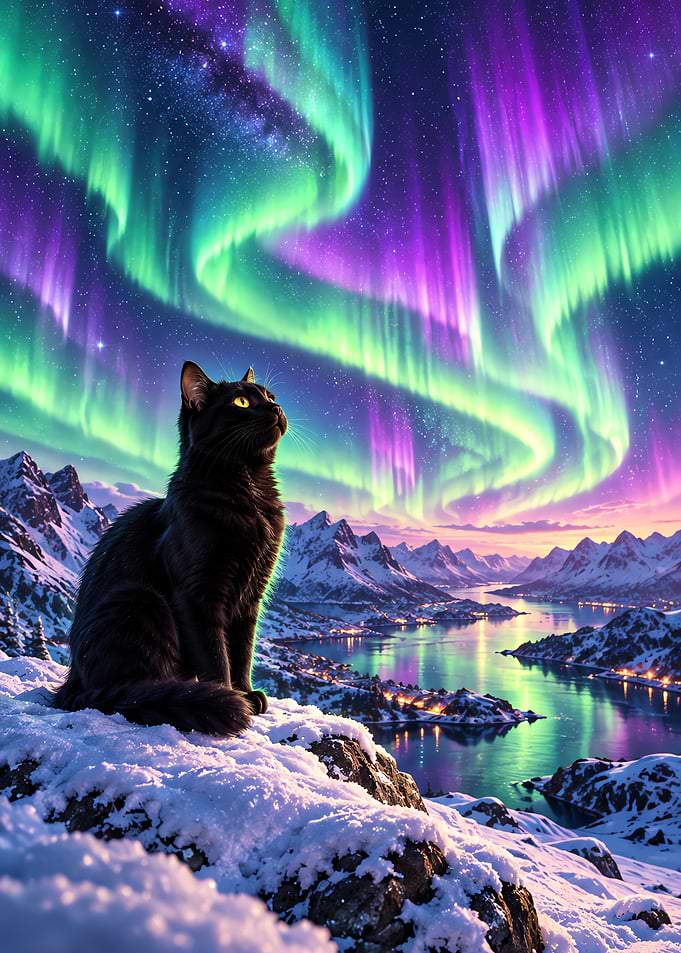 Black Cat Watching Northern Lights Snowy Fjord