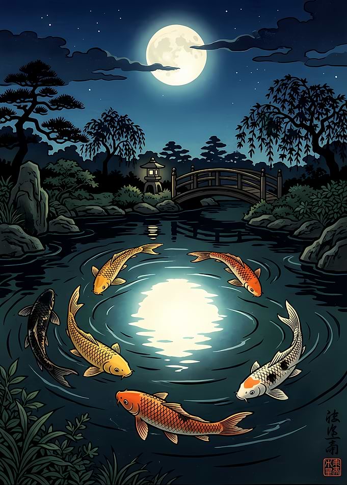 Koi Fish Swimming Under Full Moon