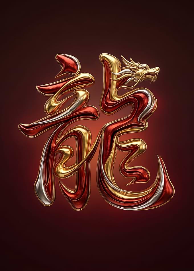 Japanese Kanji Dragon – Metallic Gold and Red Calligraphy Art