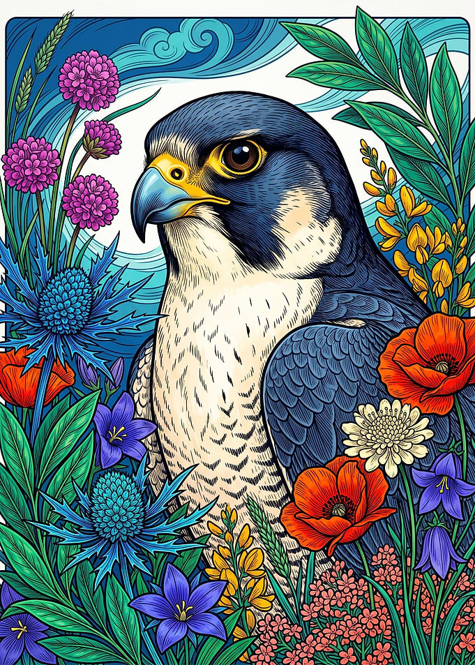 Peregrine Falcon Amidst Vibrant Wildflowers