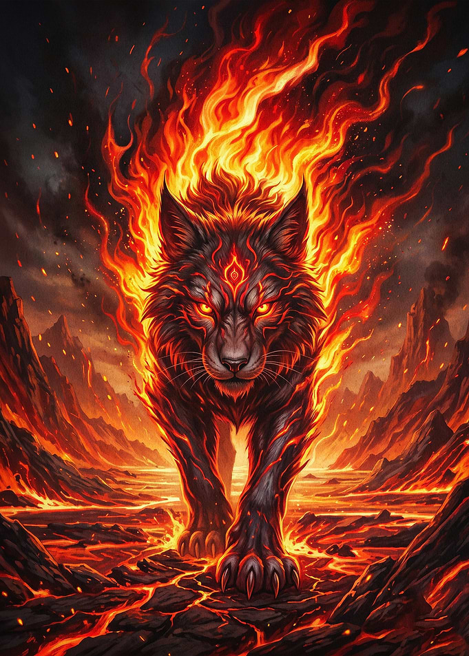 Fire Wolf Inferno Dark Art Poster
