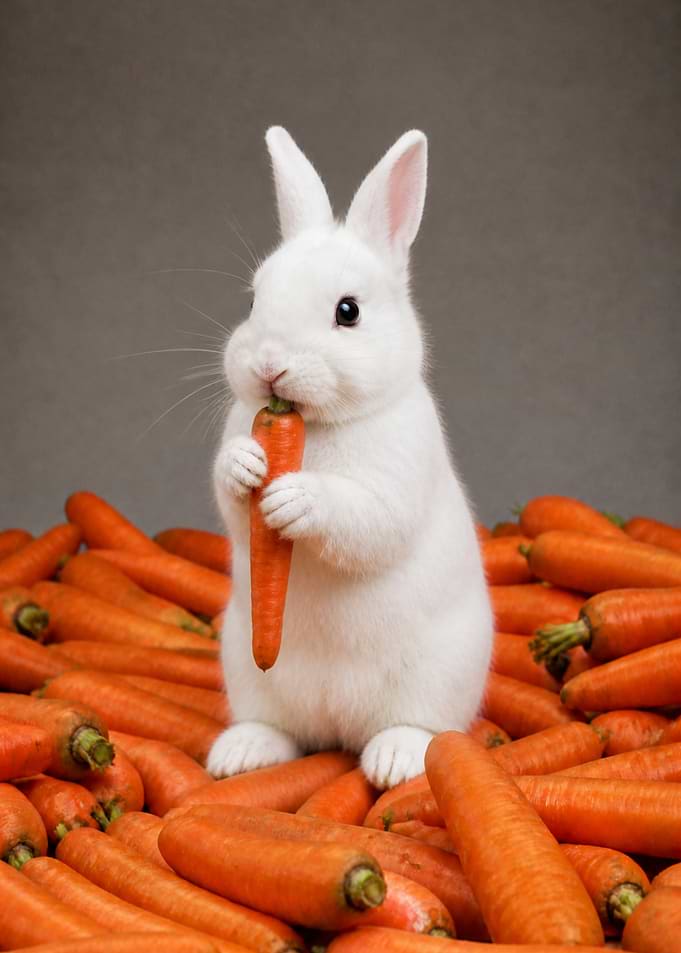 Cute White Rabbit Eating Carrots