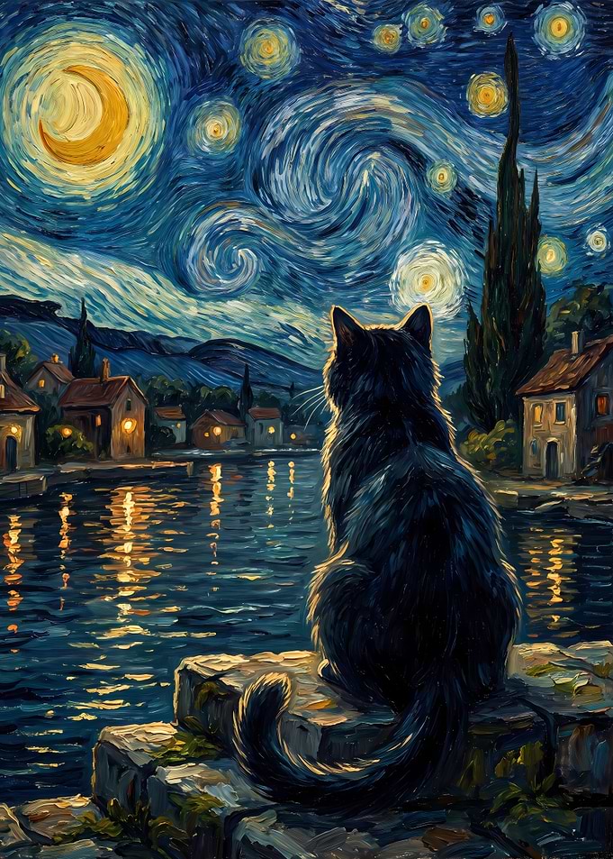 Black Cat Watching Starry Night