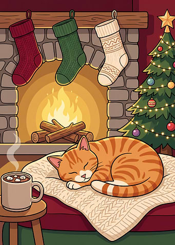 Cozy Christmas Cat by Fireplace
