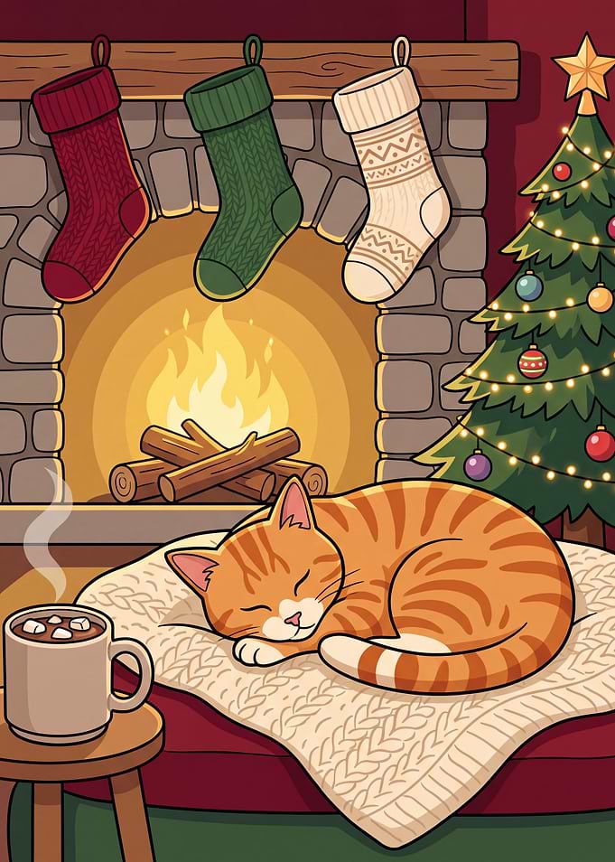 Cozy Christmas Cat by Fireplace