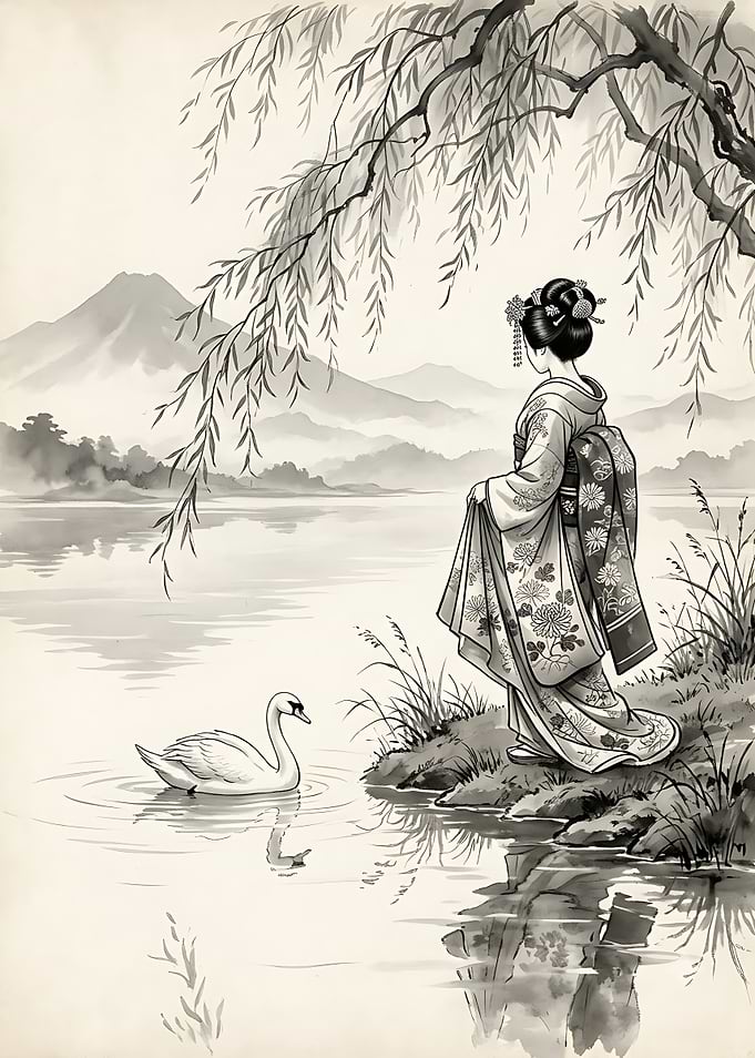 Geisha by a Lake with Swan