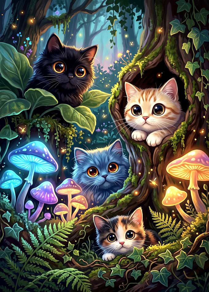 Four Cute Kittens in Enchanted Forest