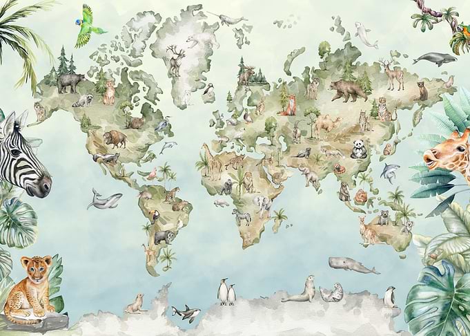 Watercolor World Map with Wild Animals