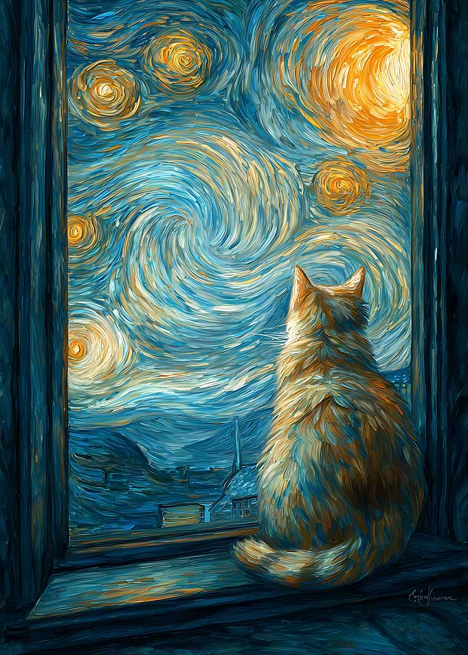 Cat Watching Starry Night Sky