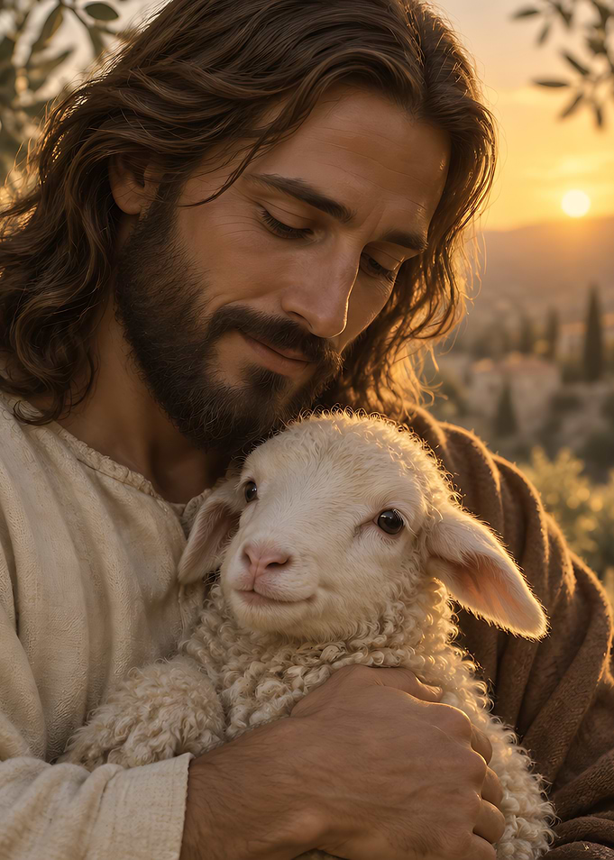 Jesus Holding a Lamb at Sunset