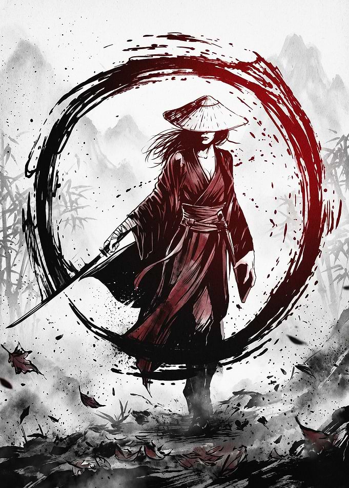 Female Samurai Warrior Ink Poster