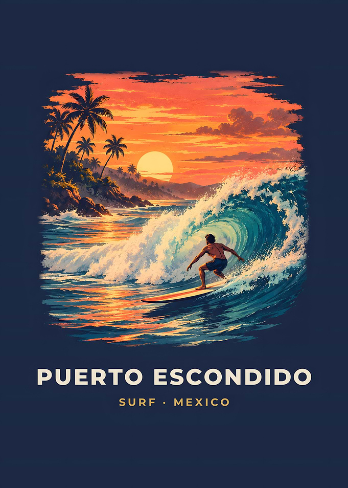 Puerto Escondido Vintage Surf Poster Palm Sunset Barrel