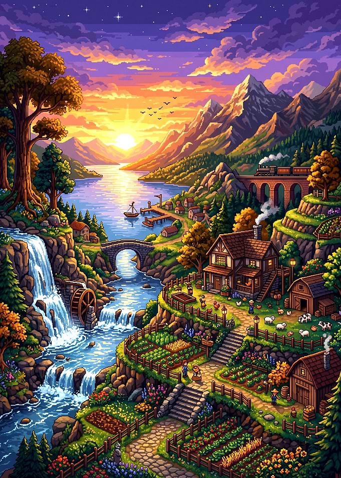 Stardew Valley Pixel Art Farm Landscape Sunset