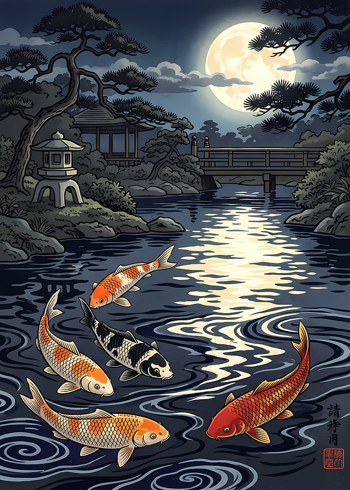 Koi Fish in Moonlight Garden