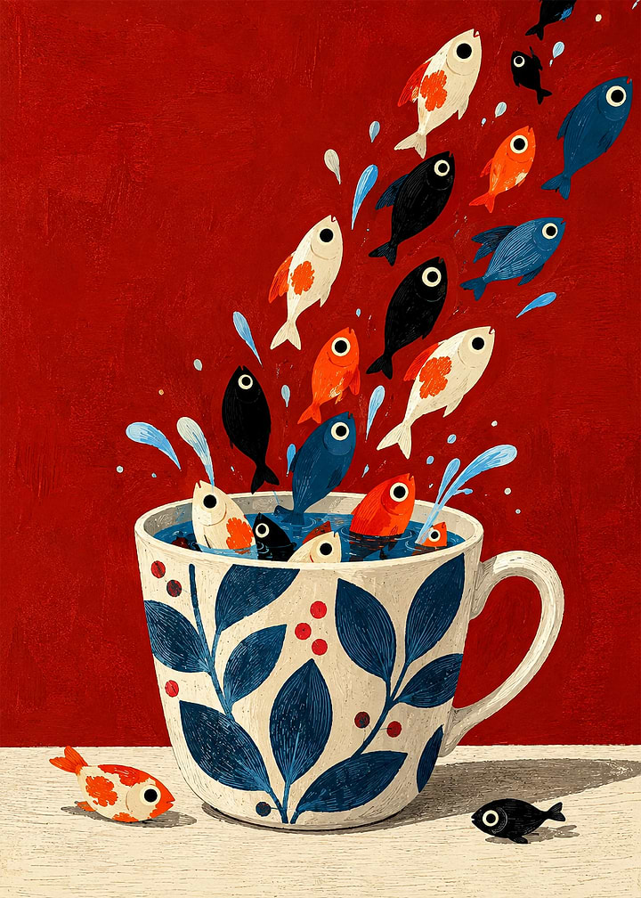 Whimsical Fish Jumping from Teacup