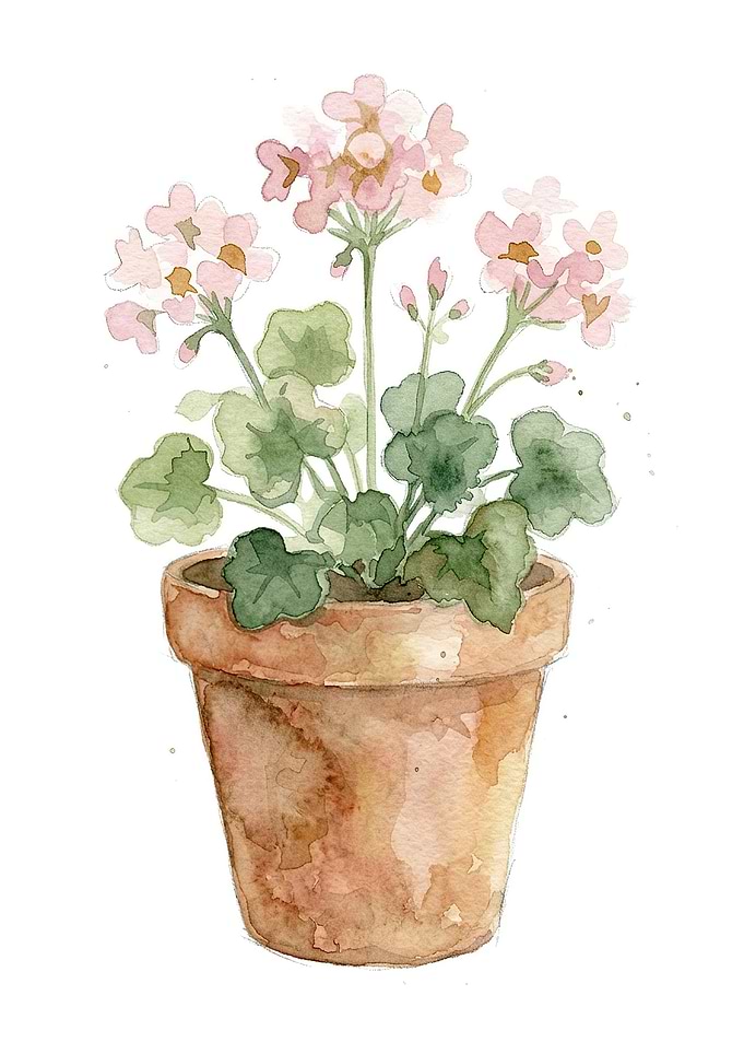 Watercolor Potted Pink Geranium Plant