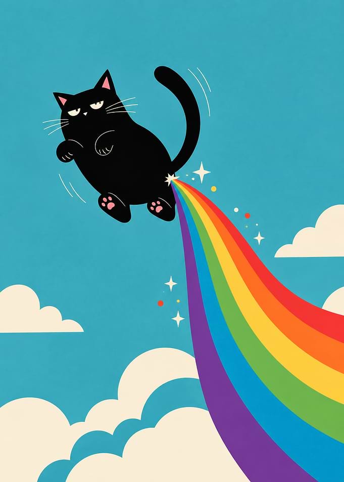 Funny Black Cat Flying With Rainbow